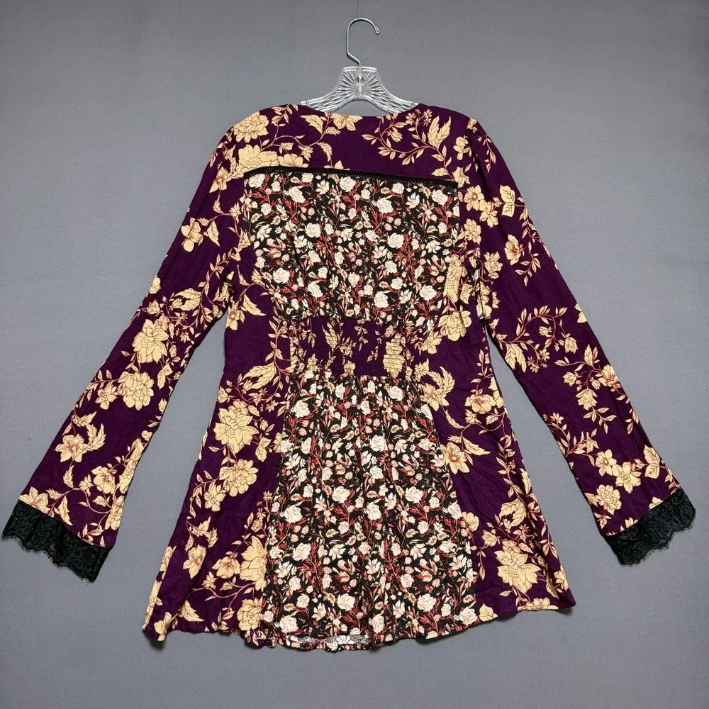 Free People Odette Floral Lace Tunic Top Medium Espresso Purple Boho Bell Sleeve